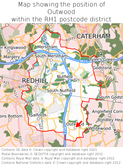 Map showing location of Outwood within RH1