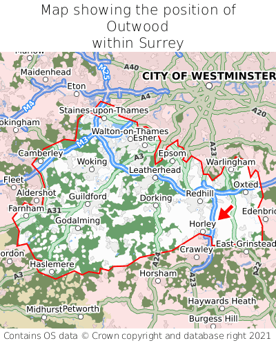 Map showing location of Outwood within Surrey
