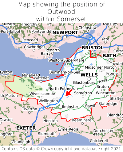 Map showing location of Outwood within Somerset