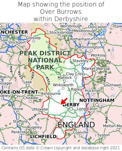 Map showing location of Over Burrows within Derbyshire