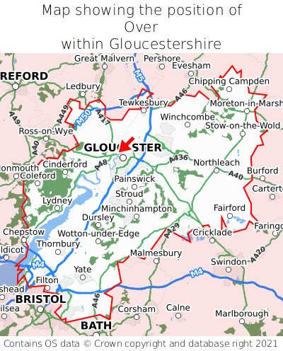 Map showing location of Over within Gloucestershire