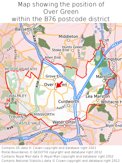 Map showing location of Over Green within B76