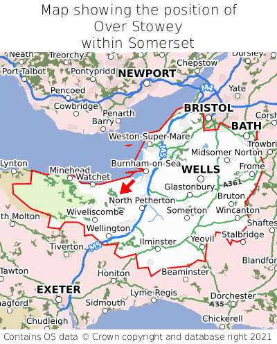 Map showing location of Over Stowey within Somerset