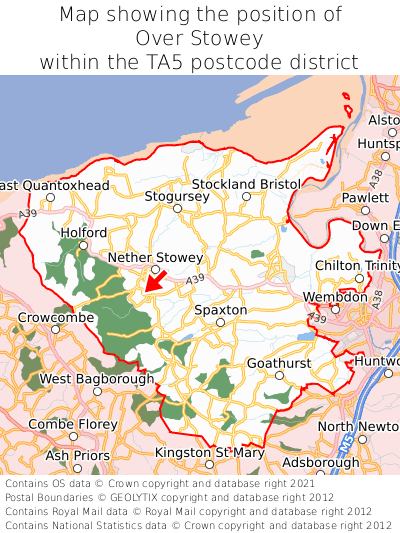 Map showing location of Over Stowey within TA5