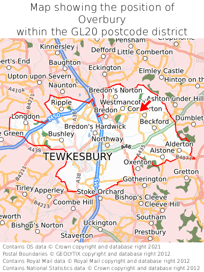 Map showing location of Overbury within GL20