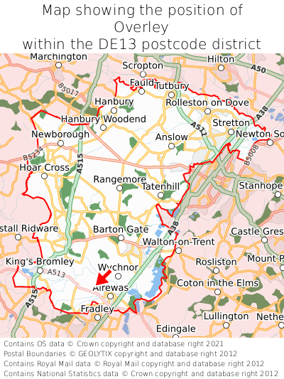 Map showing location of Overley within DE13