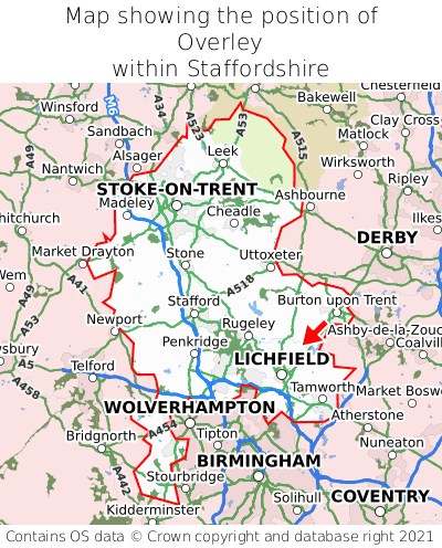 Map showing location of Overley within Staffordshire