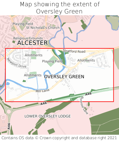 Map showing extent of Oversley Green as bounding box