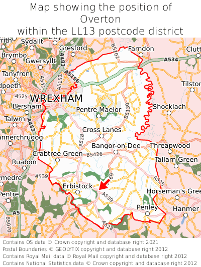 Map showing location of Overton within LL13
