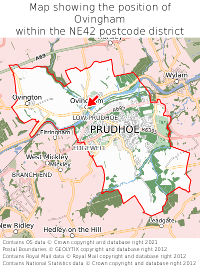 Map showing location of Ovingham within NE42