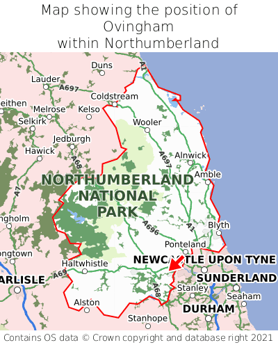 Map showing location of Ovingham within Northumberland