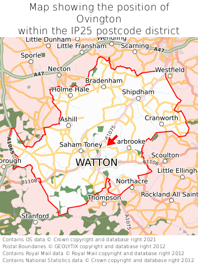 Map showing location of Ovington within IP25
