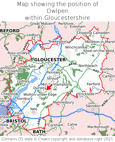 Map showing location of Owlpen within Gloucestershire