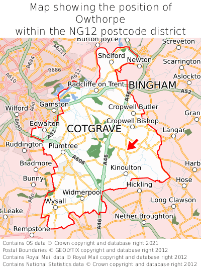 Map showing location of Owthorpe within NG12