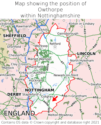 Map showing location of Owthorpe within Nottinghamshire