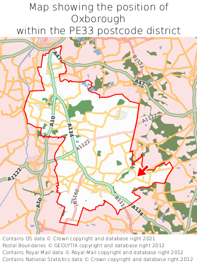 Map showing location of Oxborough within PE33