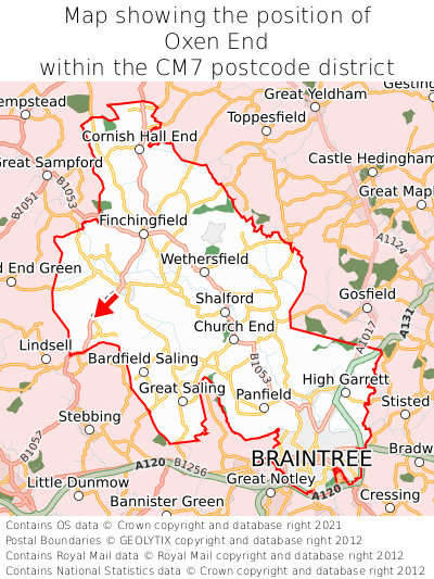 Map showing location of Oxen End within CM7