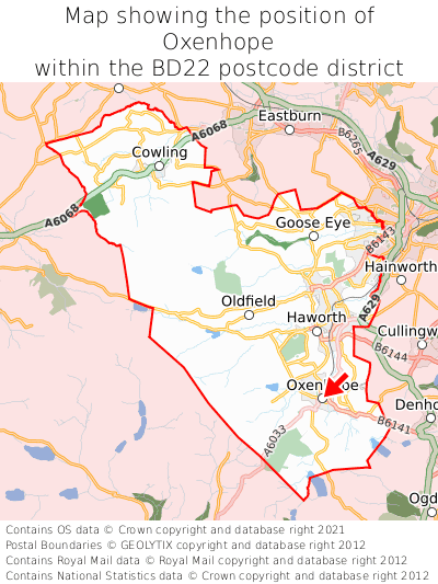 Map showing location of Oxenhope within BD22