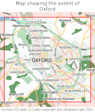 Map showing extent of Oxford as bounding box