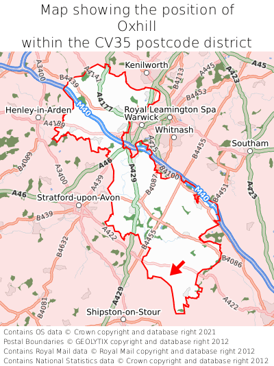 Map showing location of Oxhill within CV35