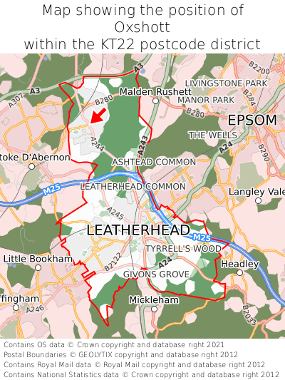 Map showing location of Oxshott within KT22