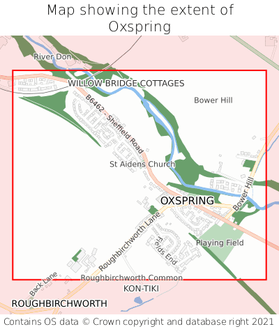 Map showing extent of Oxspring as bounding box