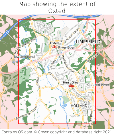 Map showing extent of Oxted as bounding box