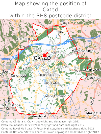 Map showing location of Oxted within RH8