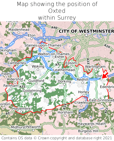 Map showing location of Oxted within Surrey