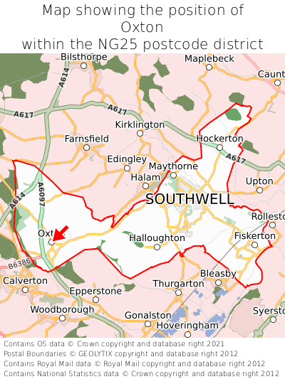 Map showing location of Oxton within NG25