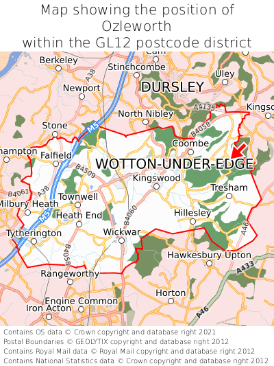 Map showing location of Ozleworth within GL12