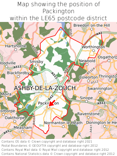 Map showing location of Packington within LE65