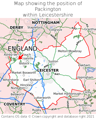 Map showing location of Packington within Leicestershire