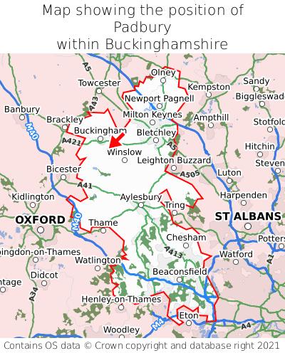 Map showing location of Padbury within Buckinghamshire
