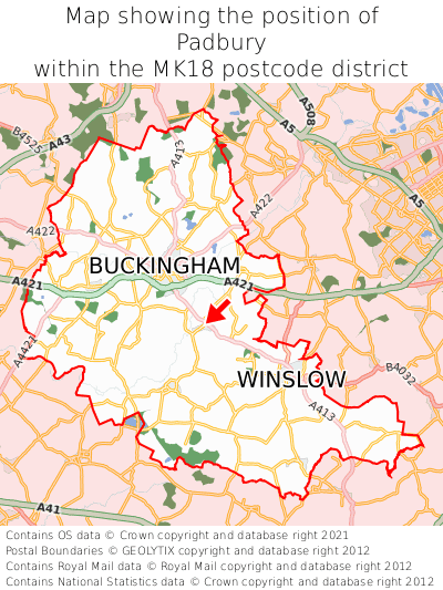 Map showing location of Padbury within MK18