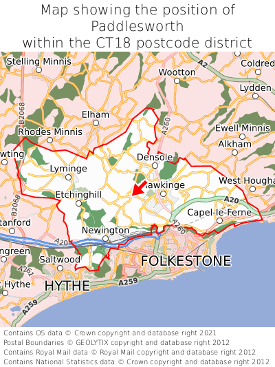 Map showing location of Paddlesworth within CT18
