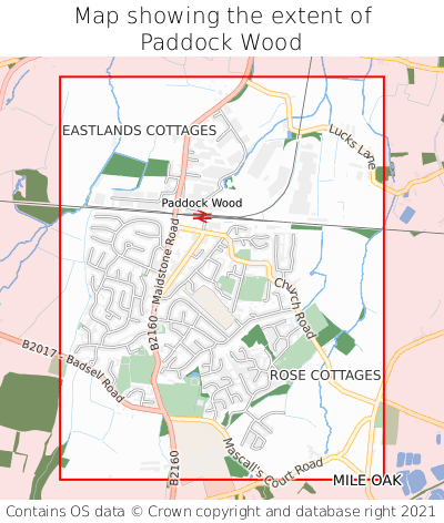 Map showing extent of Paddock Wood as bounding box
