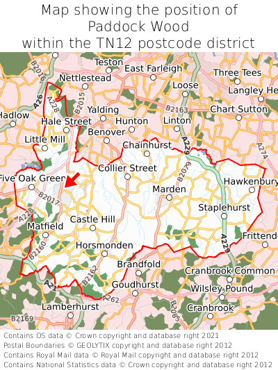 Map showing location of Paddock Wood within TN12