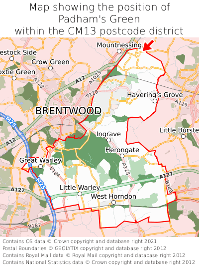 Map showing location of Padham's Green within CM13
