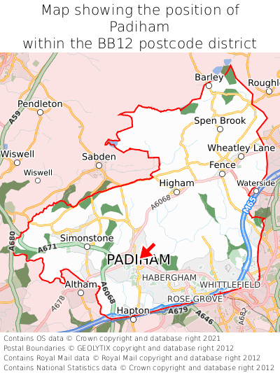 Map showing location of Padiham within BB12