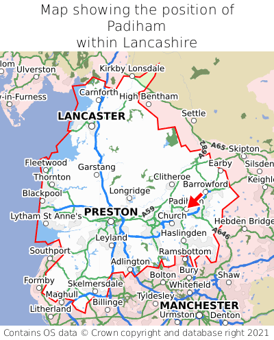 Map showing location of Padiham within Lancashire