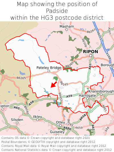 Map showing location of Padside within HG3