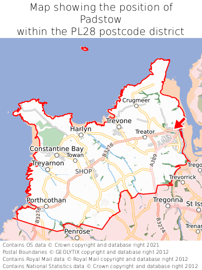 Map showing location of Padstow within PL28