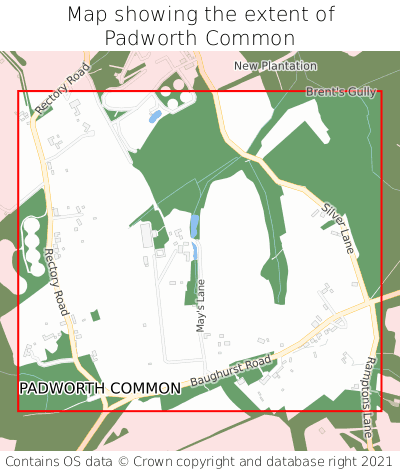 Map showing extent of Padworth Common as bounding box