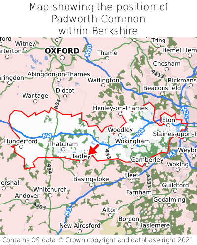 Map showing location of Padworth Common within Berkshire