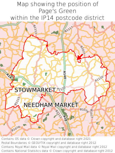 Map showing location of Page's Green within IP14