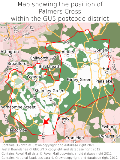 Map showing location of Palmers Cross within GU5