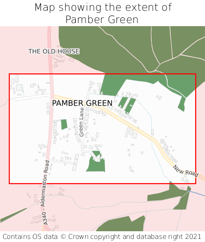Map showing extent of Pamber Green as bounding box