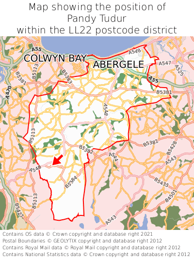 Map showing location of Pandy Tudur within LL22