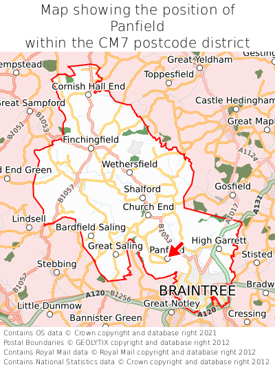 Map showing location of Panfield within CM7